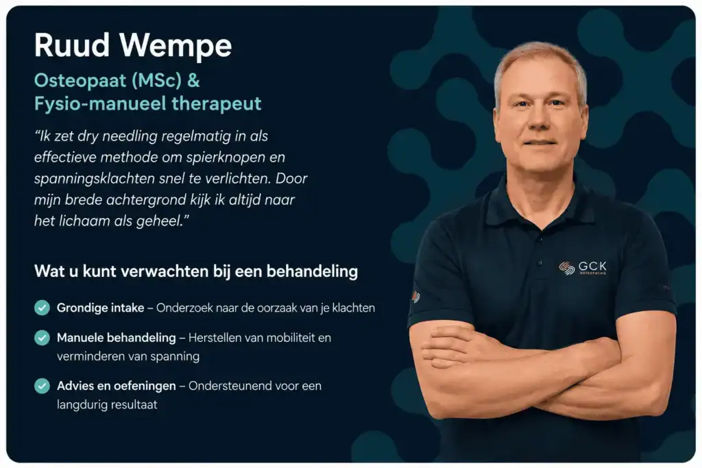 Ruud Wempe, osteopaat (MSc) bij GCK Fysiotherapie Hilversum. Specialist in osteopathie, manuele therapie en dry needling voor rug-, nek- en gewrichtsklachten.