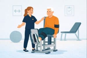 Nieuws 3 Illustratie van een fysiotherapeut die een oudere cliënt begeleidt tijdens krachttraining met Blood Flow Restriction (BFR) in de fysiotherapiepraktijk.
